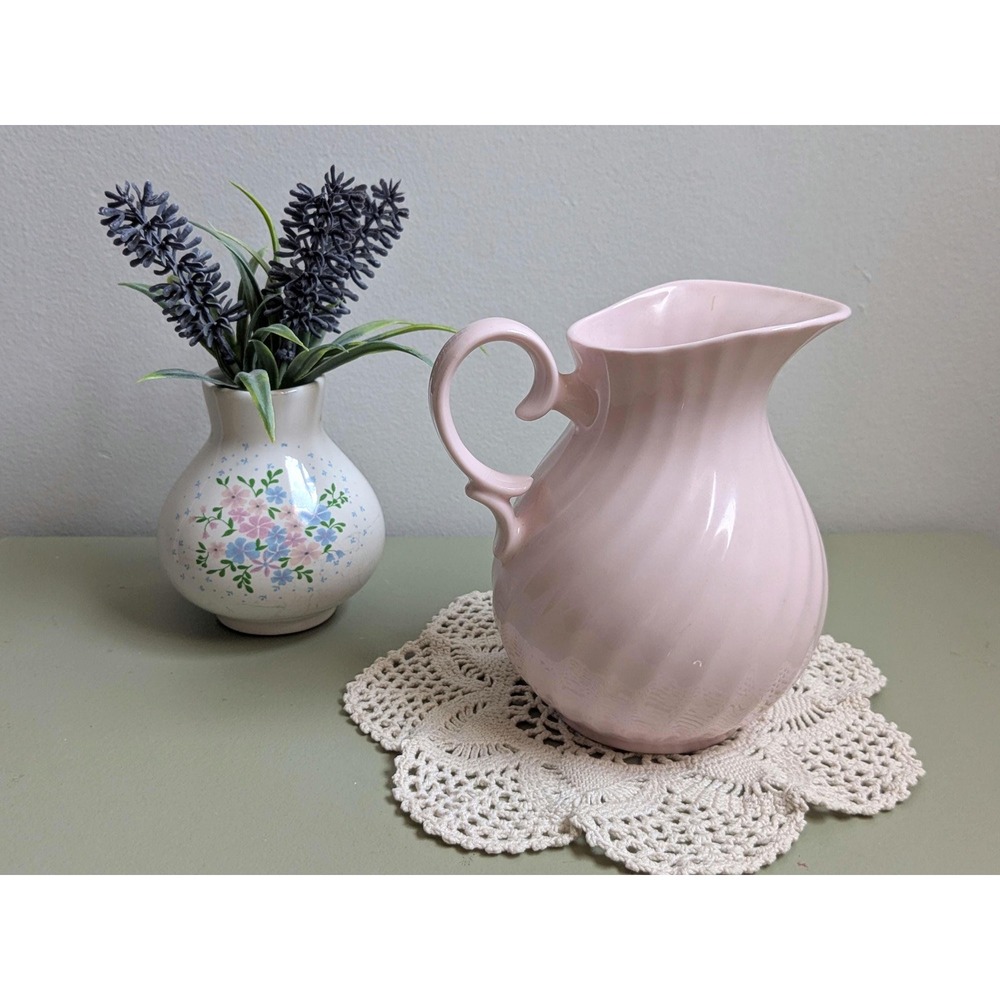 Vintage Pink Ceramic Pitcher Vase Cottagecore Farmhouse Blush Jug Decor